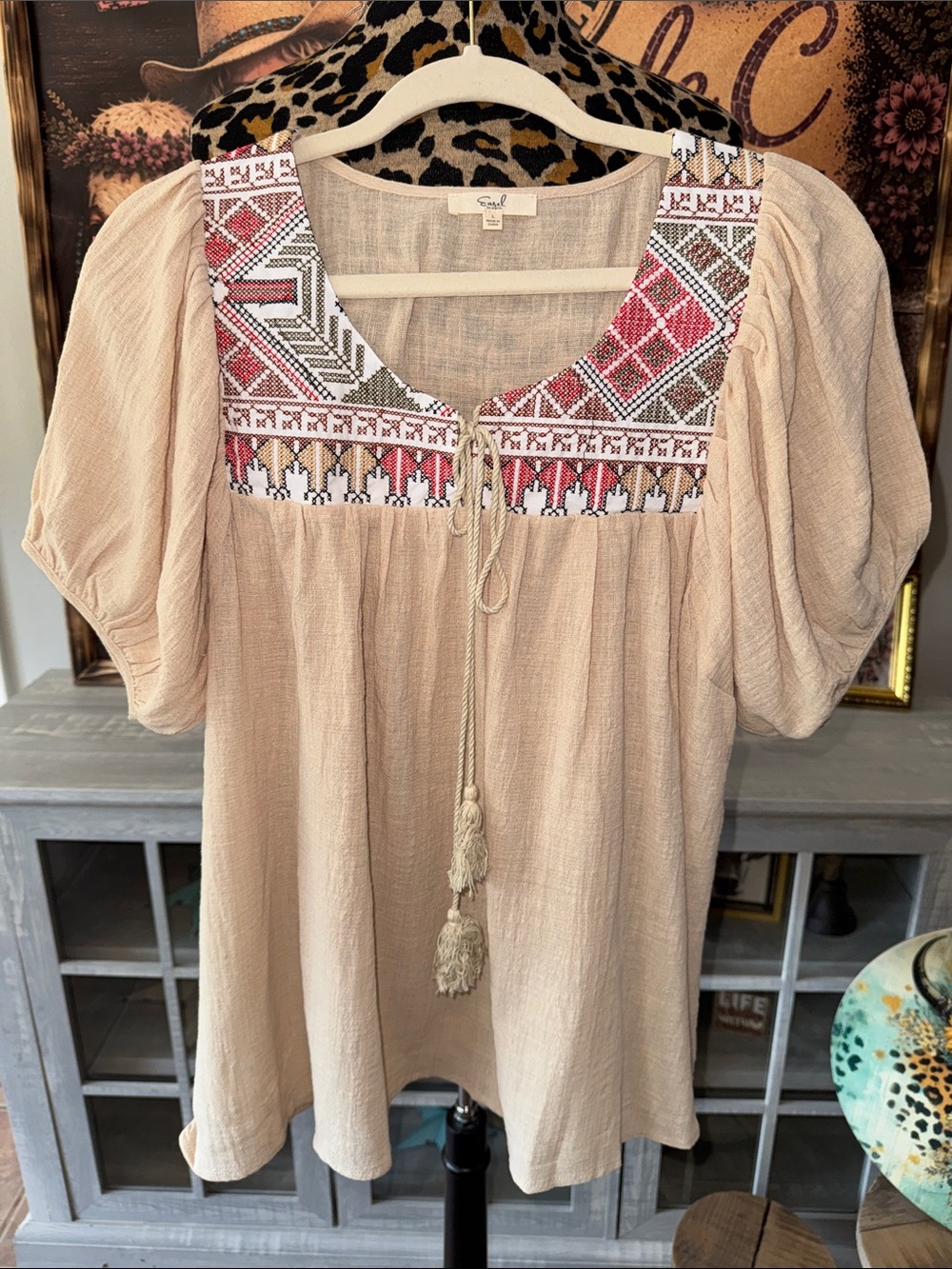 EASEL Beige Peasant Tunic with Pink & Olive Embroidery Sz L